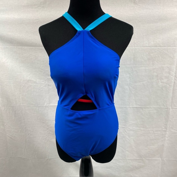Juicy Couture Swimsuit 1 Piece High Neck Contrasting Binding JCPOP 442 Med Blue - Picture 1 of 11